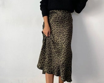 Leopard Pattern Satin Midi Green Skirt, Stylish Christmas Skirt, Satin Long Trend Skirt