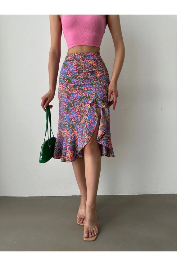 Floral Slit Ruffle Patterned Midi Skirt, Sexy Floral Midi Ruffle Sexy Skirt for summer with slit detail