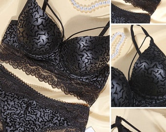 Stylish bra set with seagull pattern uplift, unique black sexy lingerie set