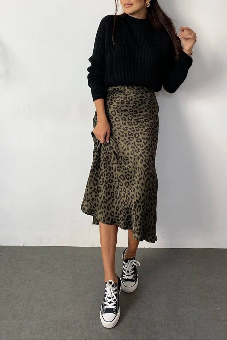 Leopard Pattern Satin Midi Green Skirt, Stylish Christmas Skirt, Satin Long Trend Skirt image 1