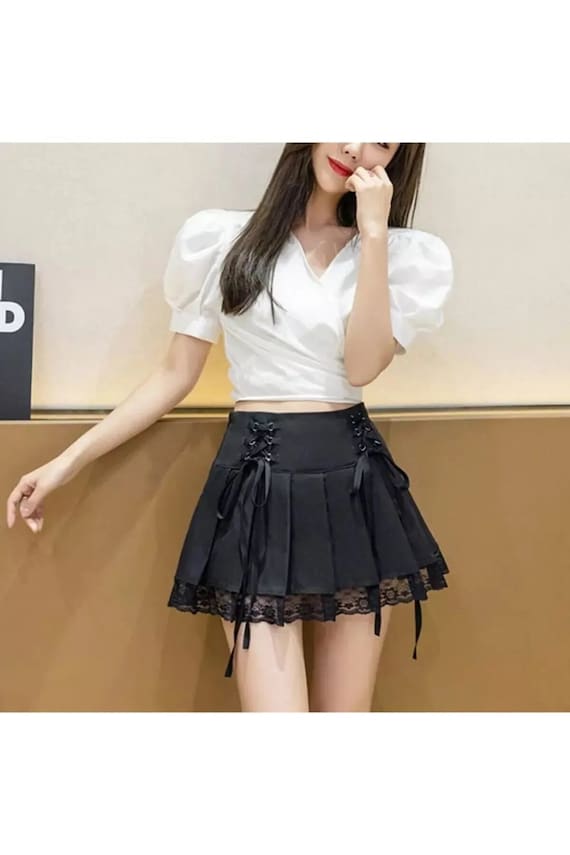 Vintage Gothic Lace Pleated Ribbon Skirt, Victorian Pleated Ruffle Skirt, Vintage Ruffle Black Mini skirt