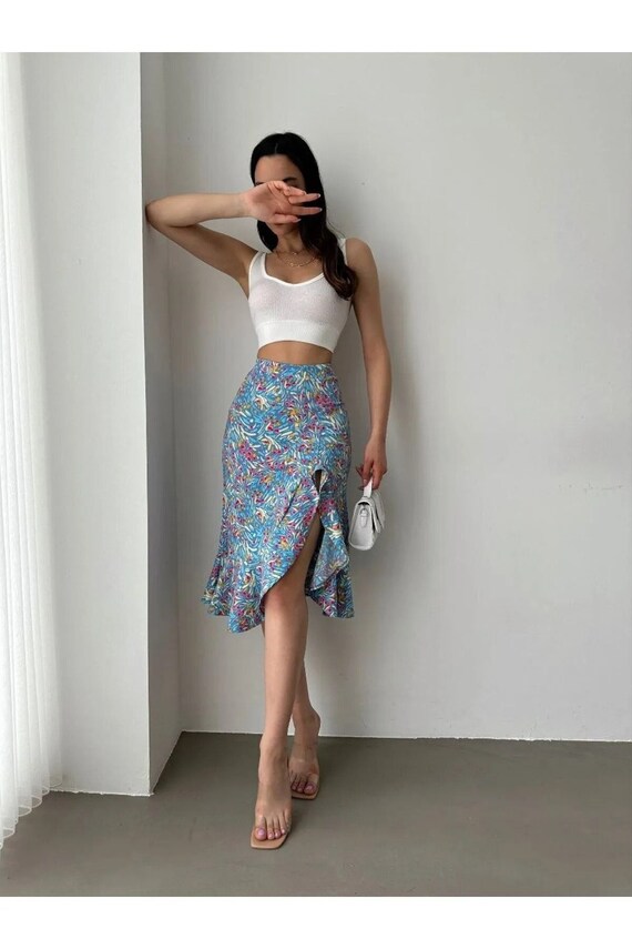 Slit Ruffle Patterned Midi Skirt, Summer Trend Ruffle Midi Sexy Skirt