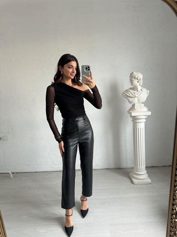 Black Shoulder Detailed Gathered Blouse, Trend Summer Black Blouse, One Shoulder Classy Black Blouse