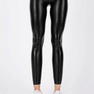 Black Shiny Leather Fleece Gathering High Waist Leggings zdjęcie 5