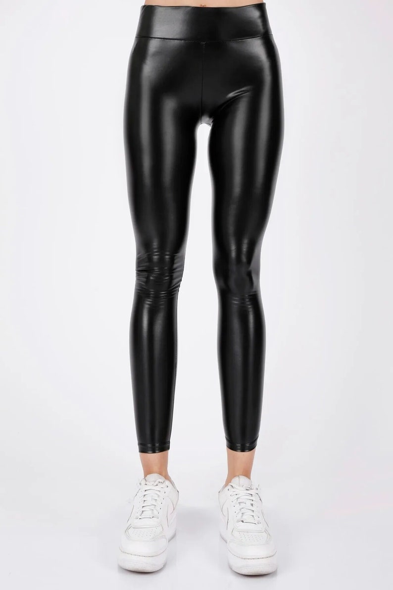 Black Shiny Leather Fleece Gathering High Waist Leggings zdjęcie 5