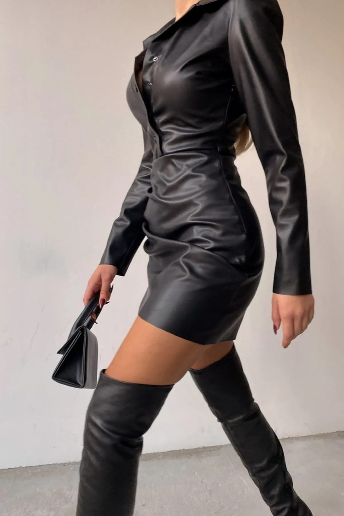 Vegan Leather Dress, Faux Leather Cleavage Black Mini Dress - Etsy