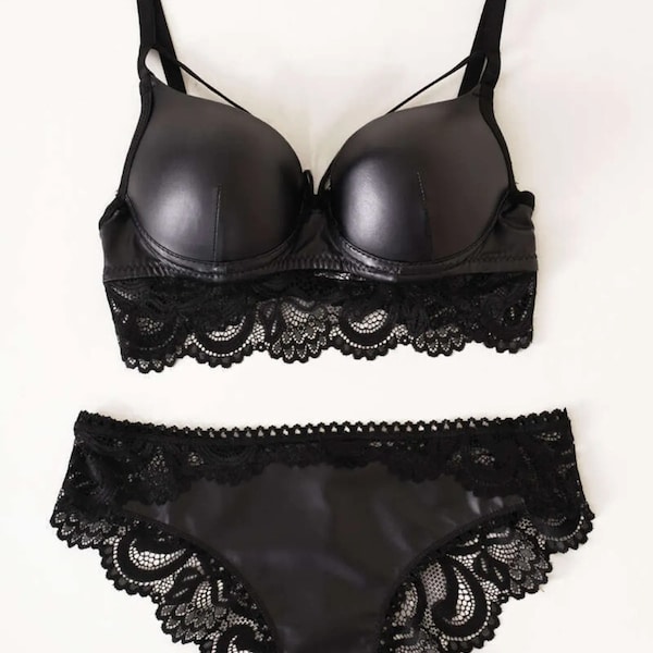 Kunstleer geregen kant ongewatteerde zwarte bh set, kunstleer geregen kanten lingerie set, huwelijksreis lingerie set,