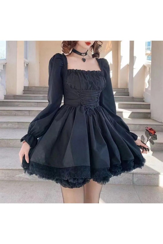 Harajuku Gothic Black Balloon Sleeve Lace Detailed Dress, Sexy Bohemian Gothic Vintage Sweetheart Collar Mini Dress, Ruffle Gothic Dress