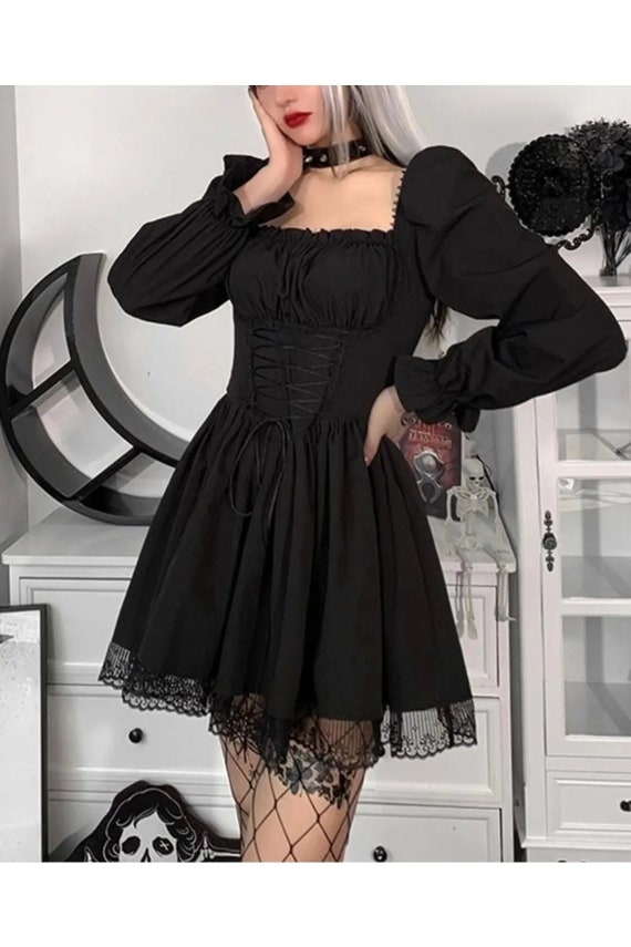 Gothic Lolita Victorian Lace Flounce Long Sleeve Dress, Lace Embroidered Black Sexy Vintage Dress