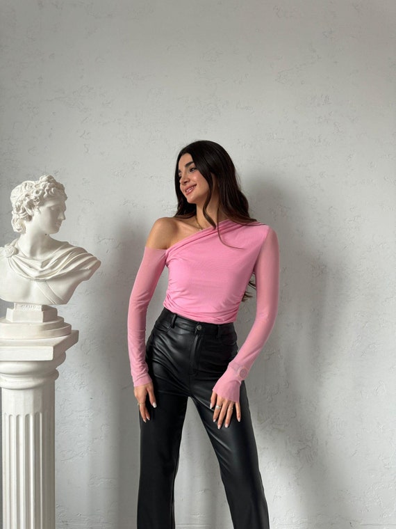 Pink Shoulder Detailed Gathered Blouse, Trend Summer Pink Blouse, Womens Barbie Pink Blouse