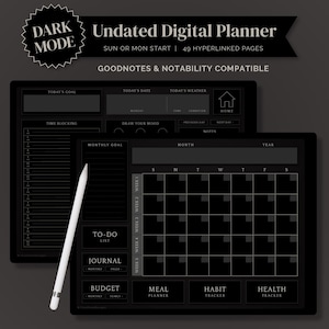 May include: Dark mode undated digital planner with 49 hyperlinked pages. The black digital planner includes sections for goals, dates, weather, mood tracking, to-do lists, and a monthly calendar. Compatible with GoodNotes and Notability.