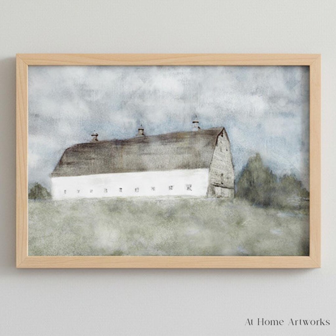 Printable Farmhouse Wall Art – White Barn Landscape Art, Traditional ...