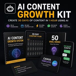 Puede incluir: Un kit de crecimiento de contenido de IA con el texto "AI CONTENT GROWTH KIT" y "CREATE 30 DAYS OF CONTENT IN 1 HOUR USING AI". Incluye un cuaderno, una tableta y un teléfono con el texto "AI CONTENT GROWTH SYSTEM", "30-DAY CONTENT PLAN", "50 VIRAL HOOKS" y "DM SALES SCRIPTS".