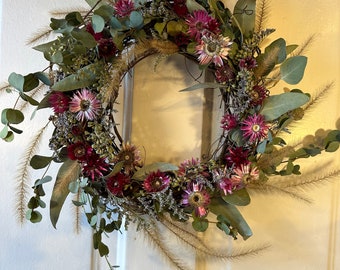 Strawflower Sonata Hand-Crafted Wreath -Natural Dried Botanicals - Unique Boho & Rustic Creations