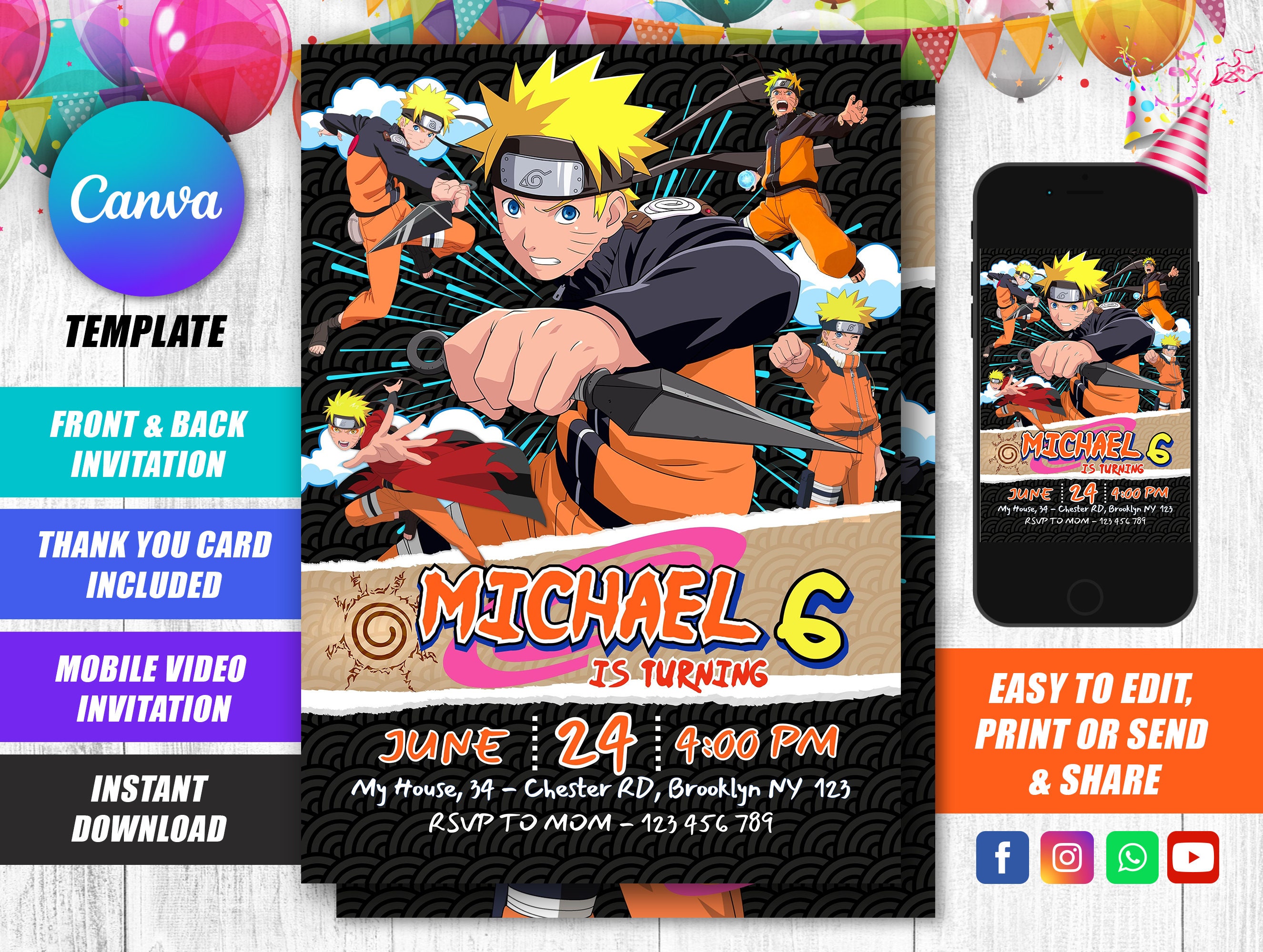Carte Anniversaire Naruto Gratuite Imprimer Modèle de canva d'invitation d'anniversaire manga - Etsy France