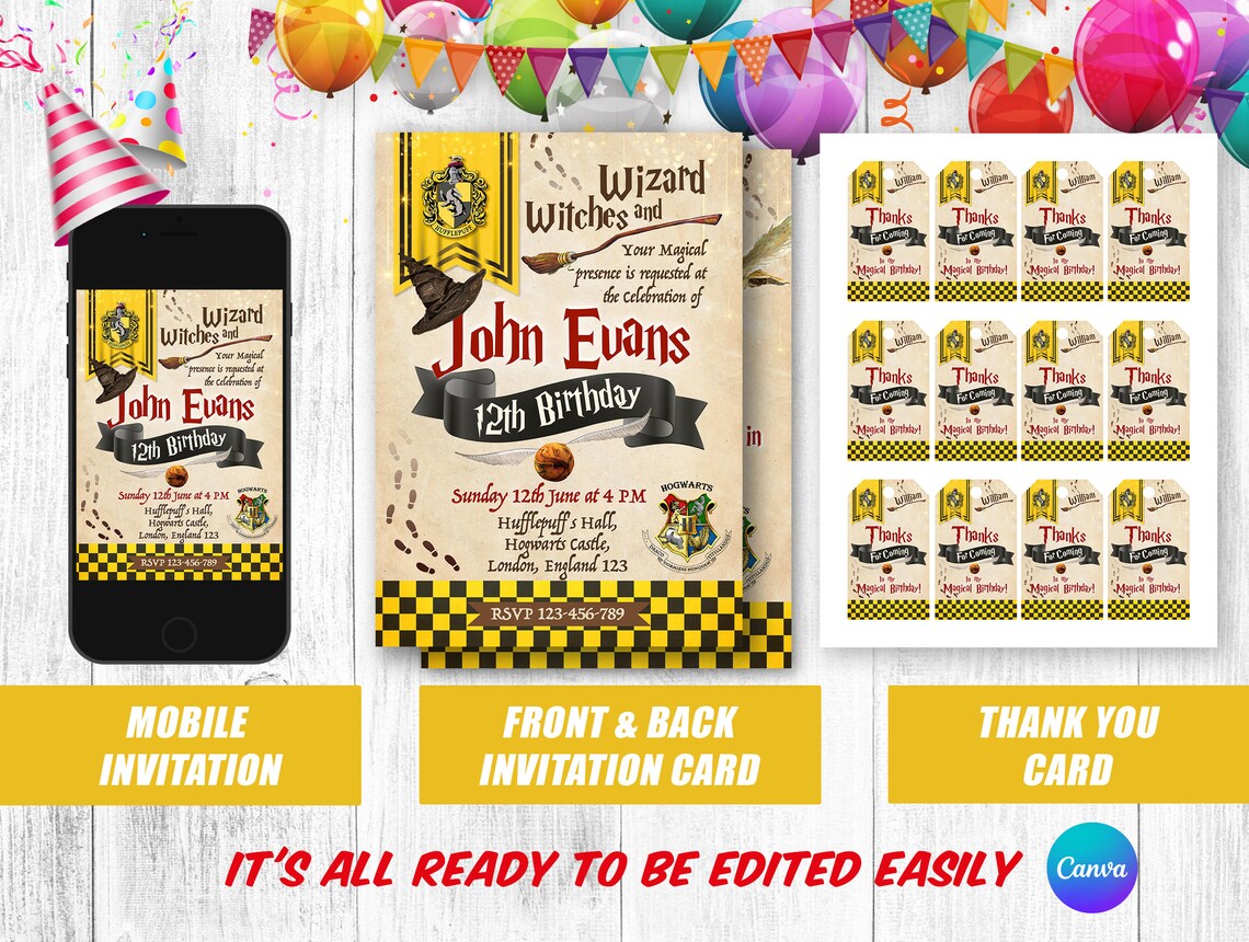 Editable Wizard Hufflepuff Birthday Invitation Canva Template - Etsy