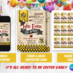 Editable Wizard Hufflepuff Birthday Invitation Canva Template - Etsy