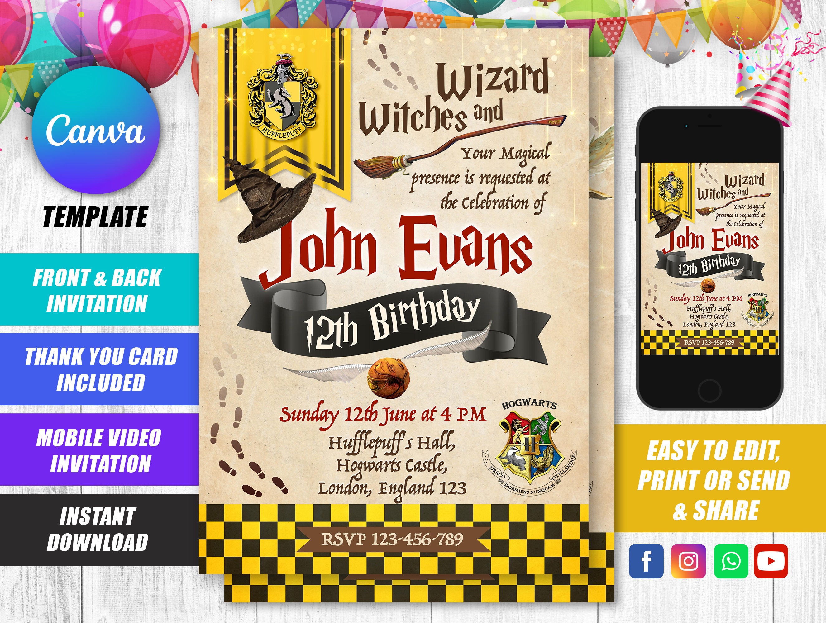 Editable Wizard Hufflepuff Birthday Invitation Canva Template - Etsy