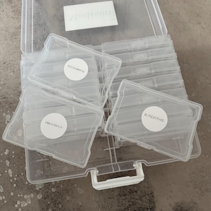 Puede incluir: Una caja de almacenamiento de plástico transparente abierta, que revela varios contenedores de plástico transparente más pequeños. Algunos contenedores tienen etiquetas que dicen "SONOGRAMAS", "EMBARAZO" y "6 MESES". La caja está sobre una superficie texturizada.