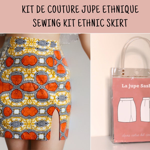 Kit de couture d'une jupe courte avec fente, tissu à motif ethnique : patron de couture, tissu et accessoire