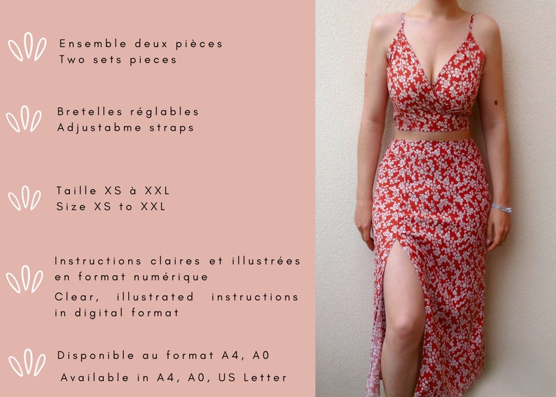 Patron de couture ensemble jupe longue avec fente et crop top