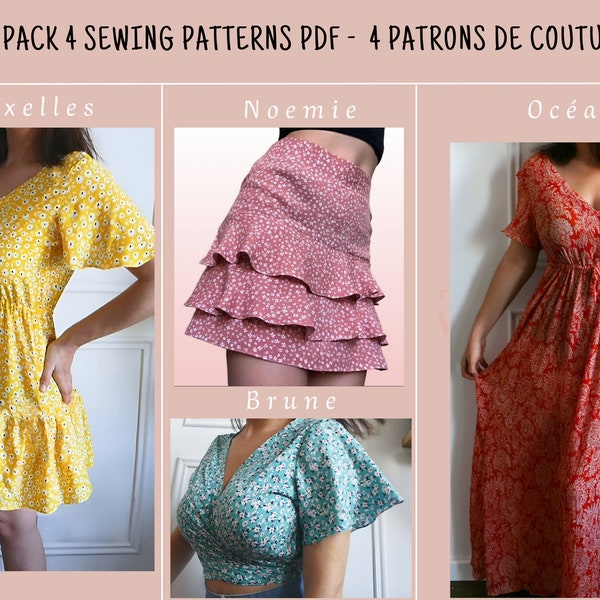 Lot de 4 patrons de couture pdf | patron robe longue, jupe et crop top