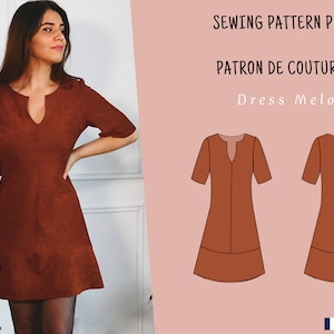 Sewing pattern PDF short sleeve trapeze dress with caftan collar | suedine dress | fall dress | short sleeve dress