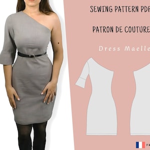PDF sewing pattern asymmetrical dress with flared sleeve | Tucked in dress | tailored dress | work dress | one shoulder dress