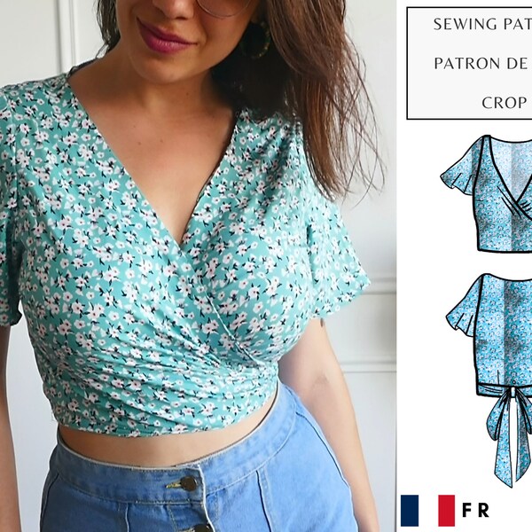 Patron de couture crop top ouverture portefeuille avec manches évasées   | patron de couture femme pdf