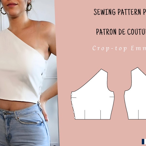 Patron de couture PDF crop top une épaule | crop top une épaule | crop top satin | patron fermeture bouton à tiges