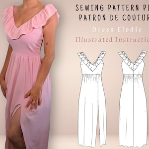 Sewing pattern PDF maxi dress with flounce and slit, evening gown