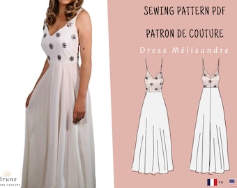 Sewing pattern PDF long evening dress | satin dress | V-neck dress | event dress | ceremony dress | wedding dress