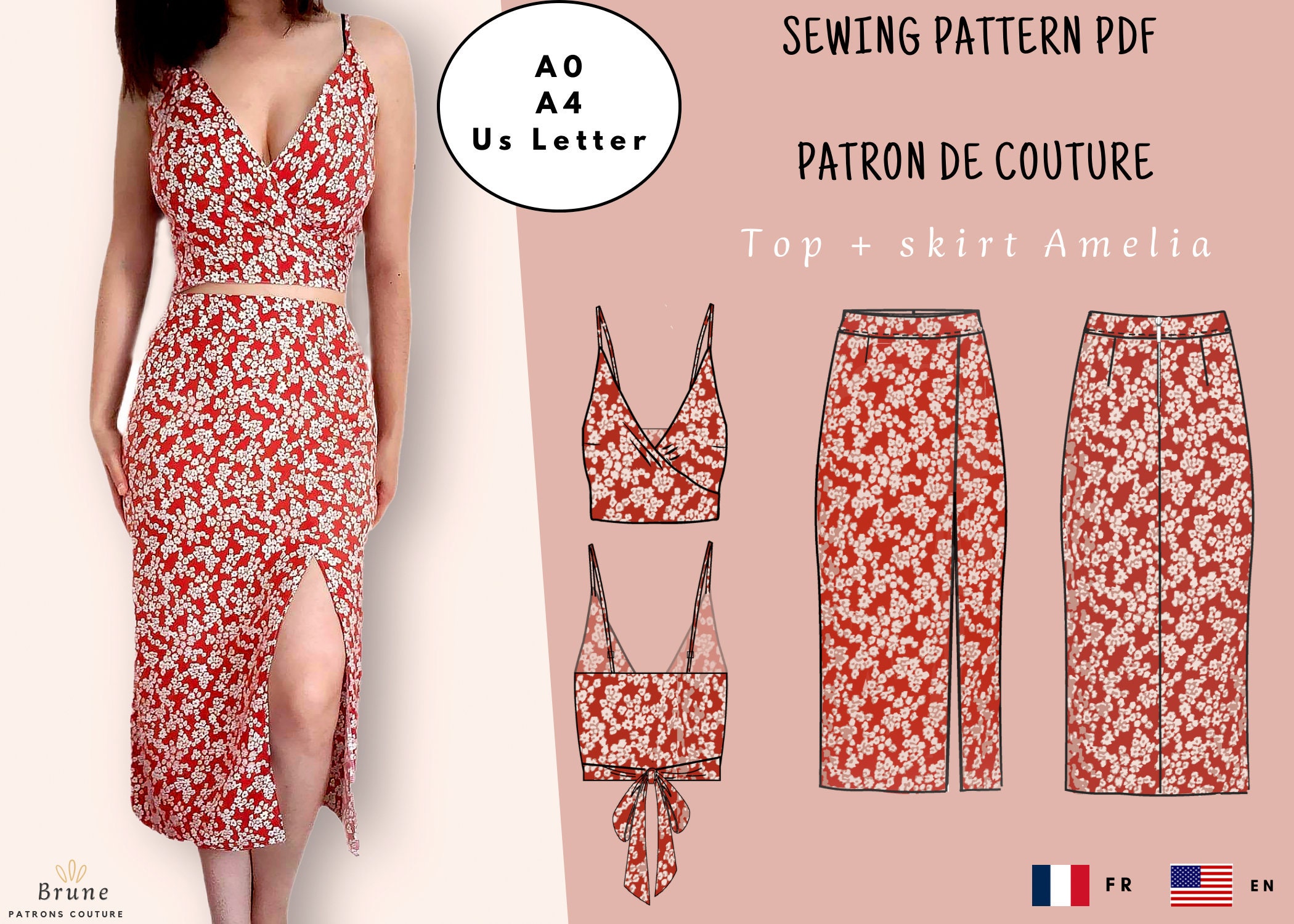 Patron de couture ensemble jupe longue avec fente et crop top portefeuille, tenue deux pi?�ces 
