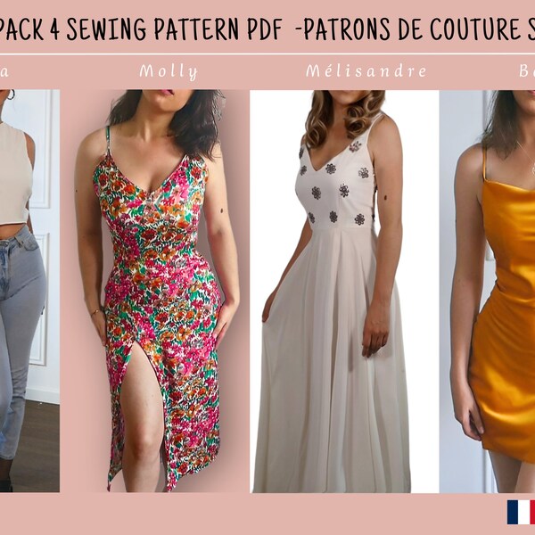 Pack de 4 patrons de couture satin | robe longue | robe col bénitier | crop top une épaule | robe avec fente