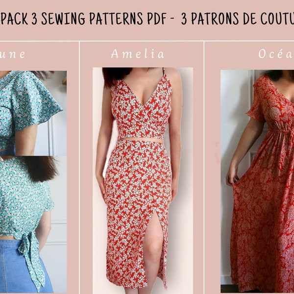 Pack de 3 patrons de couture pdf femme |  crop top, ouverture portefeuille |Ensemble crop top et jupe longue avec fente | robe longue