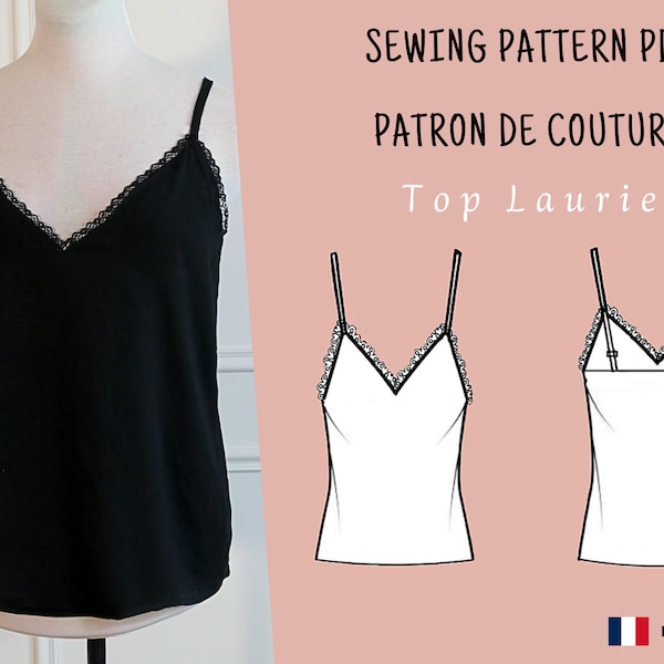 PDF sewing pattern for women's camisole, lace tank top, beginner sewing, easy sewing tutorial suitable for beginners