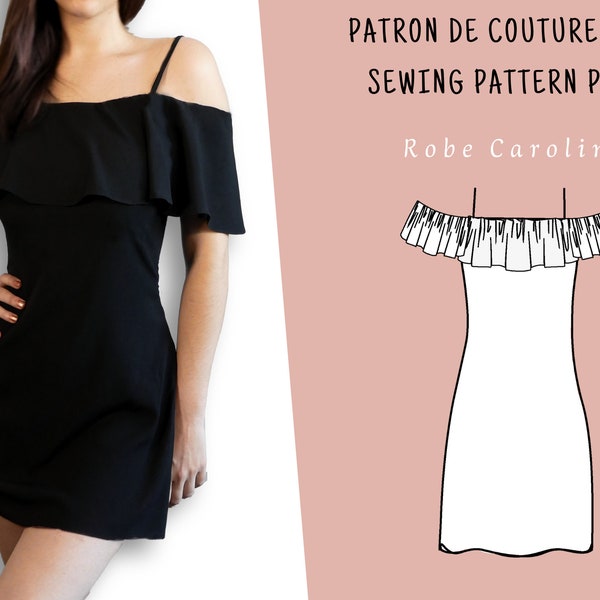 Patron de couture pdf robe femme avec épaule dénudée et volant | petite robe noire