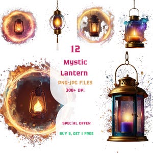 Glowing Lantern Clipart, Decorative Candle Lamp, Vintage Light illustration, Mystic Lamp Graphic for Crafts Design, Digital Download