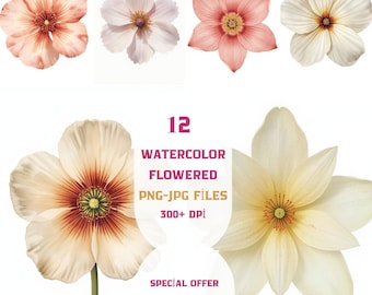 Watercolor Flower Clipart, Png and Jpg, Transparent, High Quality, 300 DPİ, Elegant Floral Art, for Invitations, Scrapbooking, DIY Crafts