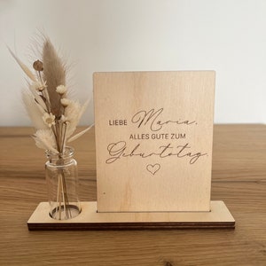 Karte aus Holz mit Wunschtext, Holzkarte mit Trockenblumen, Personalisierung Geschenk, Geschenkkarte