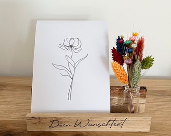 Kartenhalter personalisiert, Fotohalter, Fotoleiste mit Trockenblumen,  Kartenhalter mit Wunschtext, personalisierungs Geschenk