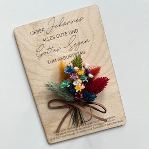 Tarjeta de madera con texto deseado, tarjeta de madera con flores secas, regalo de personalización, tarjeta regalo