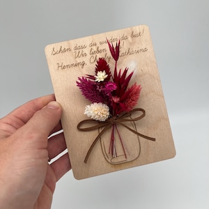Biglietto in legno con testo desiderato, biglietto in legno con fiori secchi, regalo personalizzato, biglietto regalo