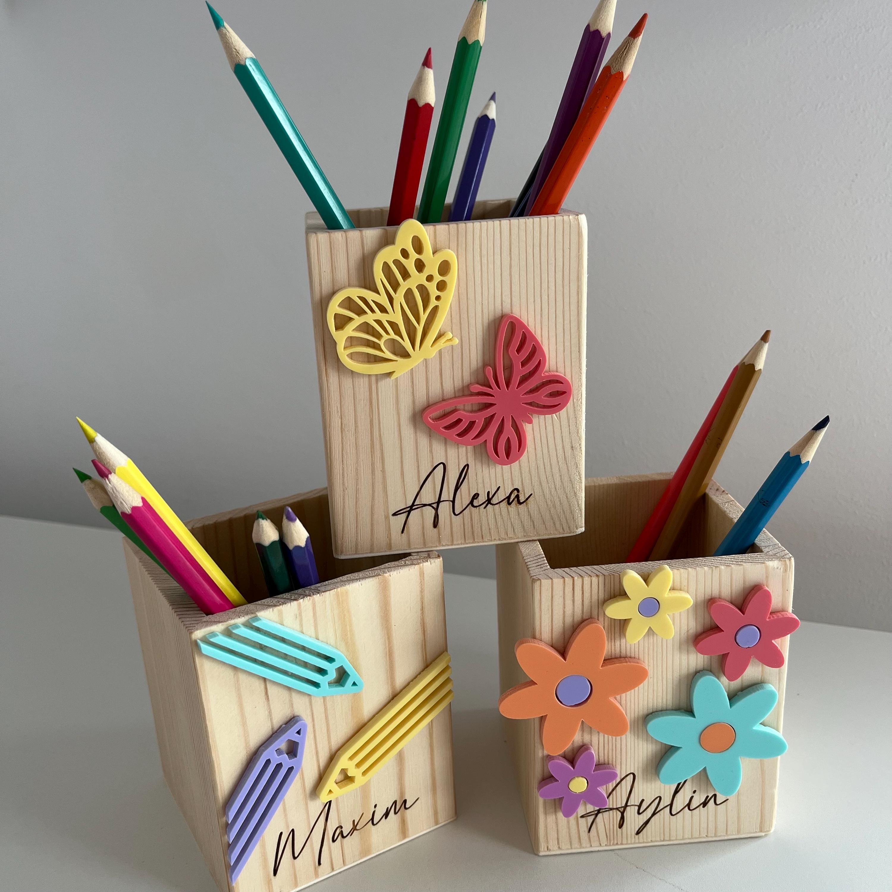 Personalized wooden pencil holder – with name engraving & colorful acrylic motifs – gift for school enrollment, schoolchild 2025