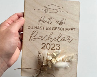 Carte cadeau Bachelor Abitur Master, personnalisée avec le texte souhaité, cadeau de fin d'études, cadeau de fin d'études