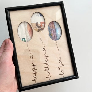 Tarjeta de madera con texto personalizado, tarjeta de madera con globos, Feliz Cumpleaños, regalo en efectivo.