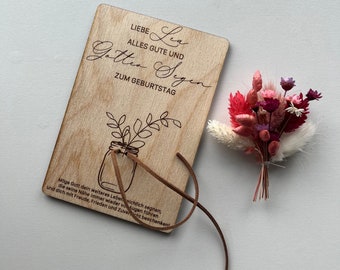 Carte en bois avec texte souhaité, carte en bois avec fleurs séchées, cadeau personnalisé, carte cadeau