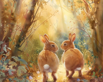 Vrolijk Pasen, konijn, konijn, bos, aquarel, scrapbookingateliers, junk journal, collage, digitaal tekenen, paaseieren, konijntjes, warme kleuren
