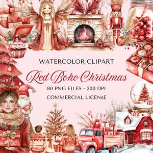 Rode boho kerst aquarel clipart set - 80 png-bestanden voor vakantieontwerpen en knutselen