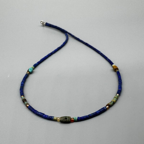 Collier ras de cou en pierre turquoise, collier perles turquoise perles lapis-lazuli collier pierre lapis-lazuli fermeture en l’argent P_3mm